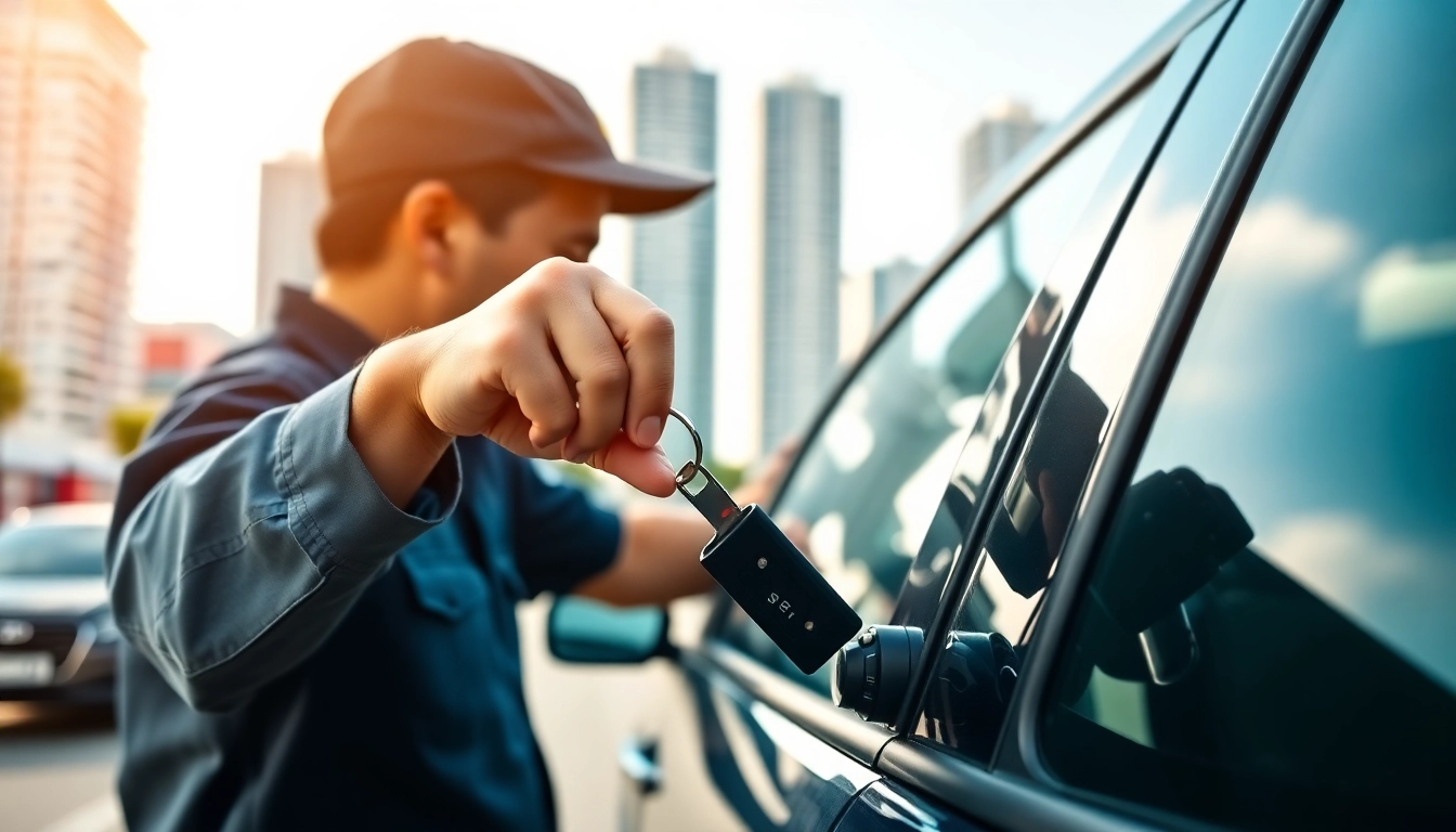 Locksmith Miami providing professional car unlocking services with a city backdrop.