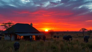 Tanzania Lodge Safari Tours with travelers enjoying wildlife views and a scenic sunset.