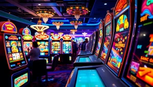 Menangkan permainan slot dengan berbagai mesin slot berwarna-warni di kasino yang ramai.