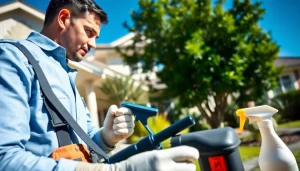 Pest control Sydney expert treating a residential lawn for pests, showcasing professional equipment and techniques.