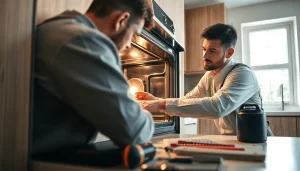 Technician focused on oven repair in a tidy kitchen, showcasing expertise and precision.
