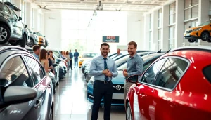 Cauta masina second hand in showroom busy with customers exploring diverse car options.