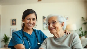 Providing compassionate in home care austin tx with a caregiver assisting an elderly client in a warm environment.