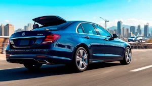 Experience the luxury of Vancouver airport car service in a sleek sedan against a stunning city skyline.