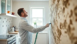 Mold removal technician professionally cleaning mold in a residential area.
