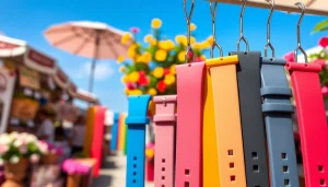 Shop colorful silicone watch straps showcased in a vibrant market atmosphere.