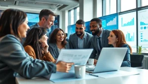Evaluate competitive intelligence strategies with a diverse business team analyzing data in a modern office.