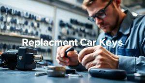 Cutting Replacement Car Keys with precision in a bright locksmith workshop.