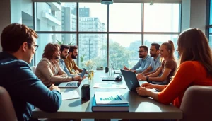 Collaborative team standing around a table discussing spotify promotion strategies and marketing efforts.