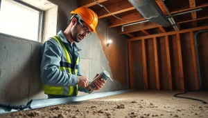 Basement waterproofing near me geneva showcased by a contractor sealing walls in a damp basement.