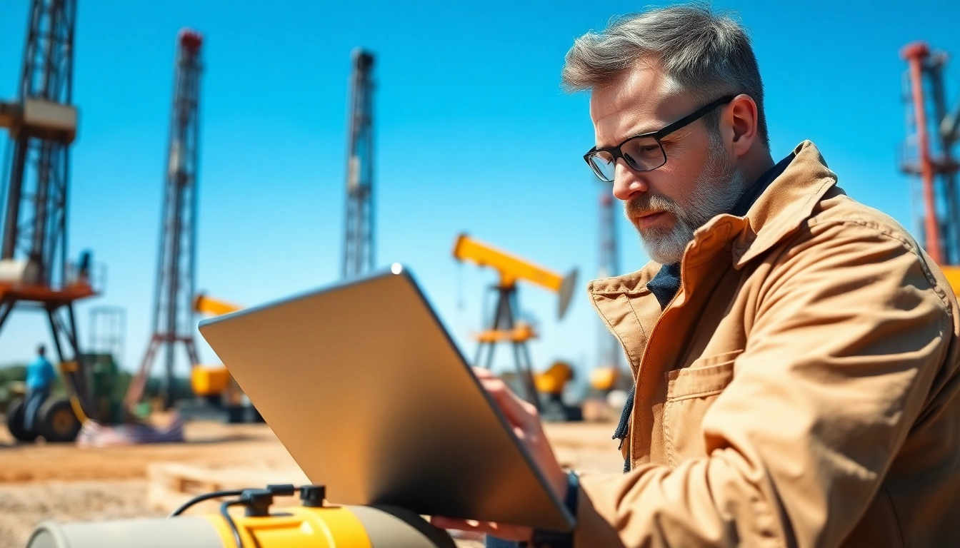 Geoscientist analyzing digital data at drilling site for www.geosteeringvision.com