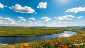 Captivating landscape of Manitoba displaying vibrant fields and winding river under blue sky.