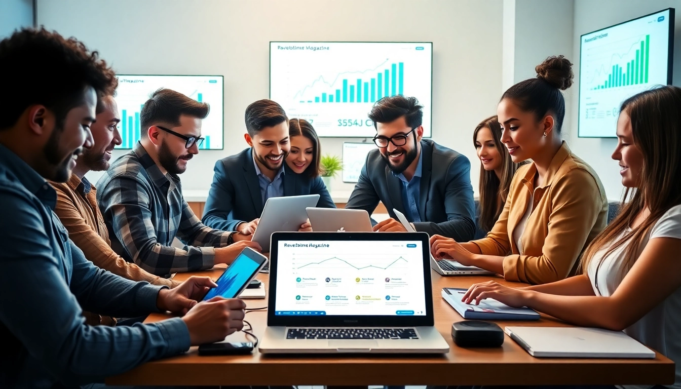 Collaboration scene depicting Reverbtime Magazine insights among diverse professionals in a modern workspace.