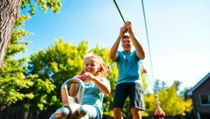 Family enjoying a fun ride on a ZIP WIRE KIT in a vibrant backyard setting.