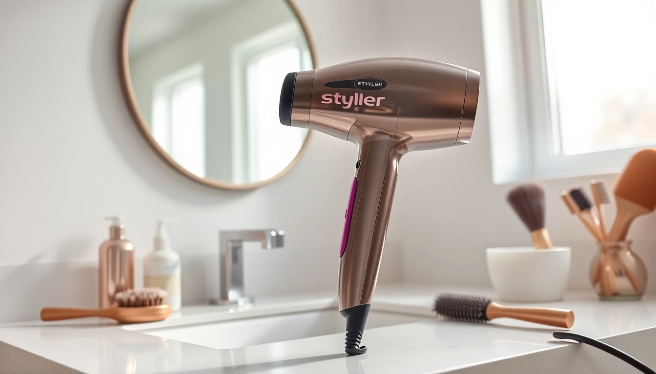 Styled environment with a focus on a styler hair dryer, capturing its sleek design and functionality.