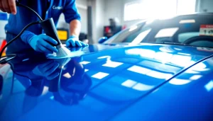 Applying auto ceramic coating on a sleek sports car, reflecting shine and detail.
