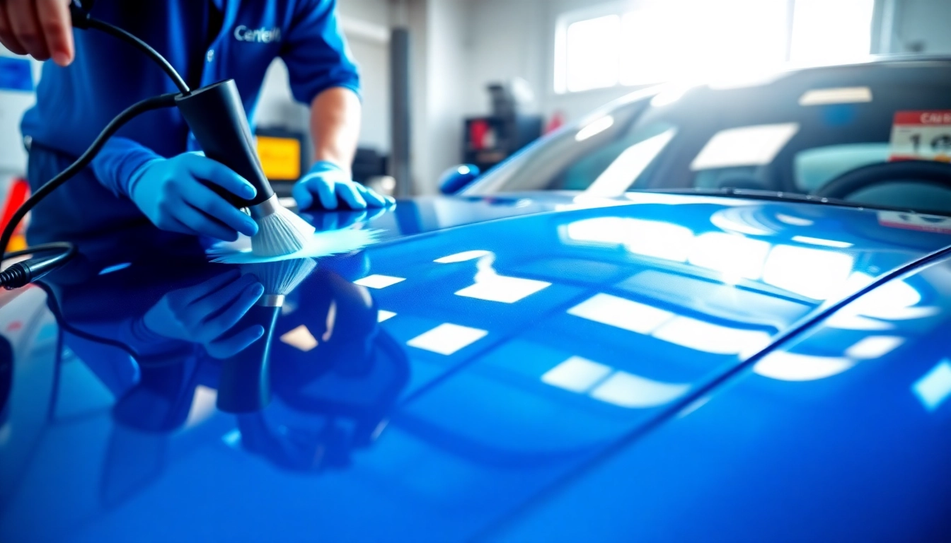 Applying auto ceramic coating on a sleek sports car, reflecting shine and detail.