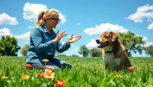 Service dog trainer practices commands with a well-trained dog in a bright park.