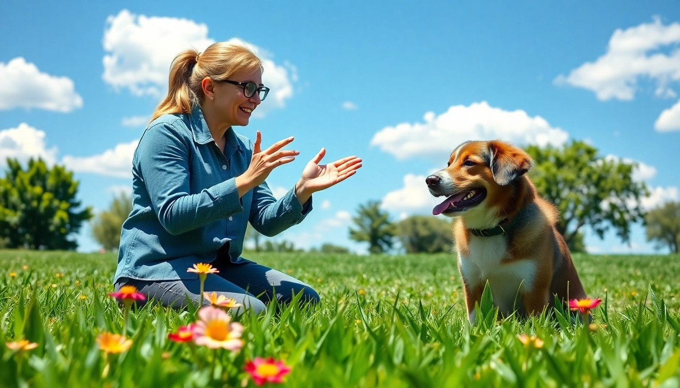Service dog trainer practices commands with a well-trained dog in a bright park.