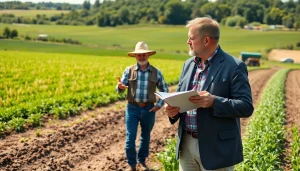 Consulting on agriculture law with a farmer, highlighting key issues in a natural setting.