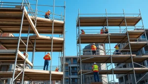 Whangarei scaffolding framework displayed at an urban construction site with workers collaborating effectively.
