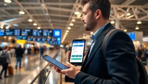 Apply for uk eta online application at a busy airport with modern technology visible.