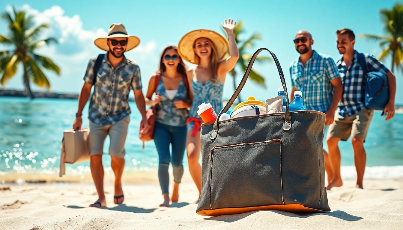 Family enjoying summer travel with an air convert tote at a sunny beach setting.