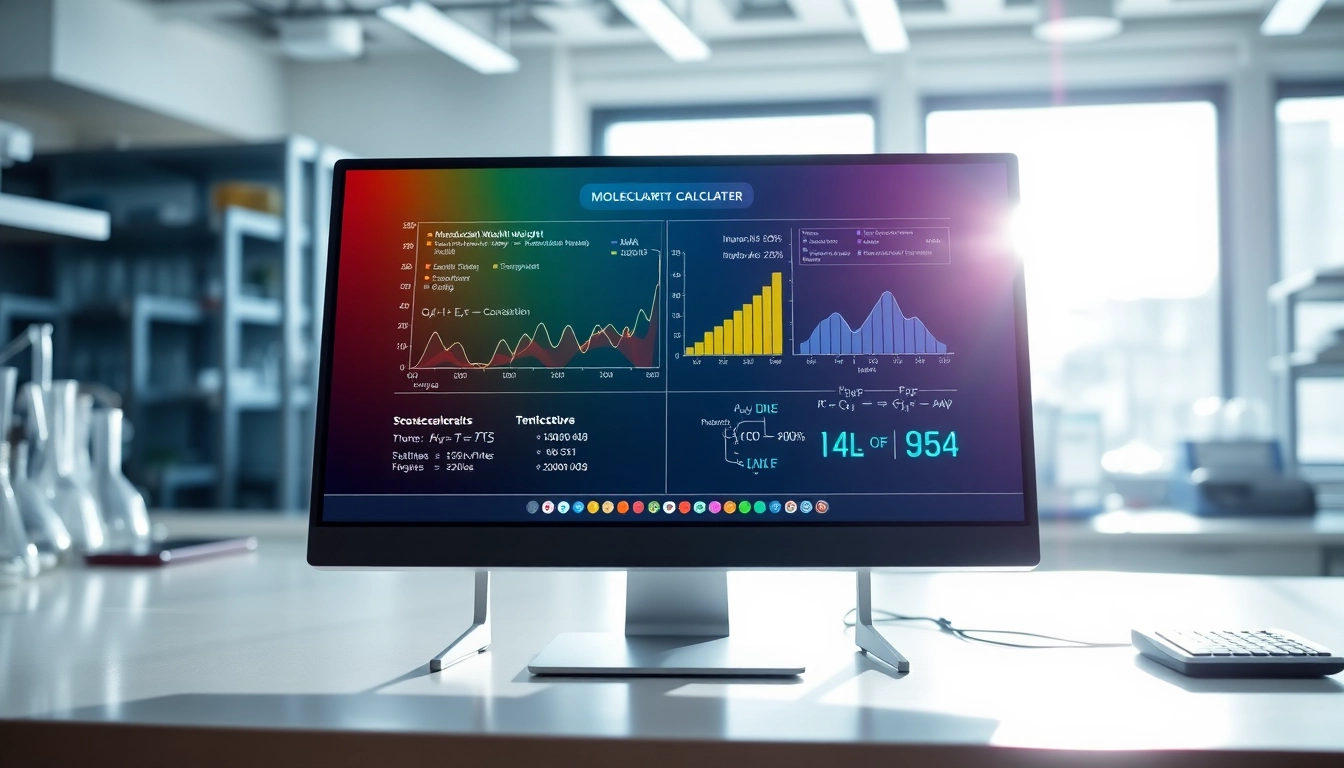 Calculate DNA molecular weight calculator displayed on a sleek lab computer interface.