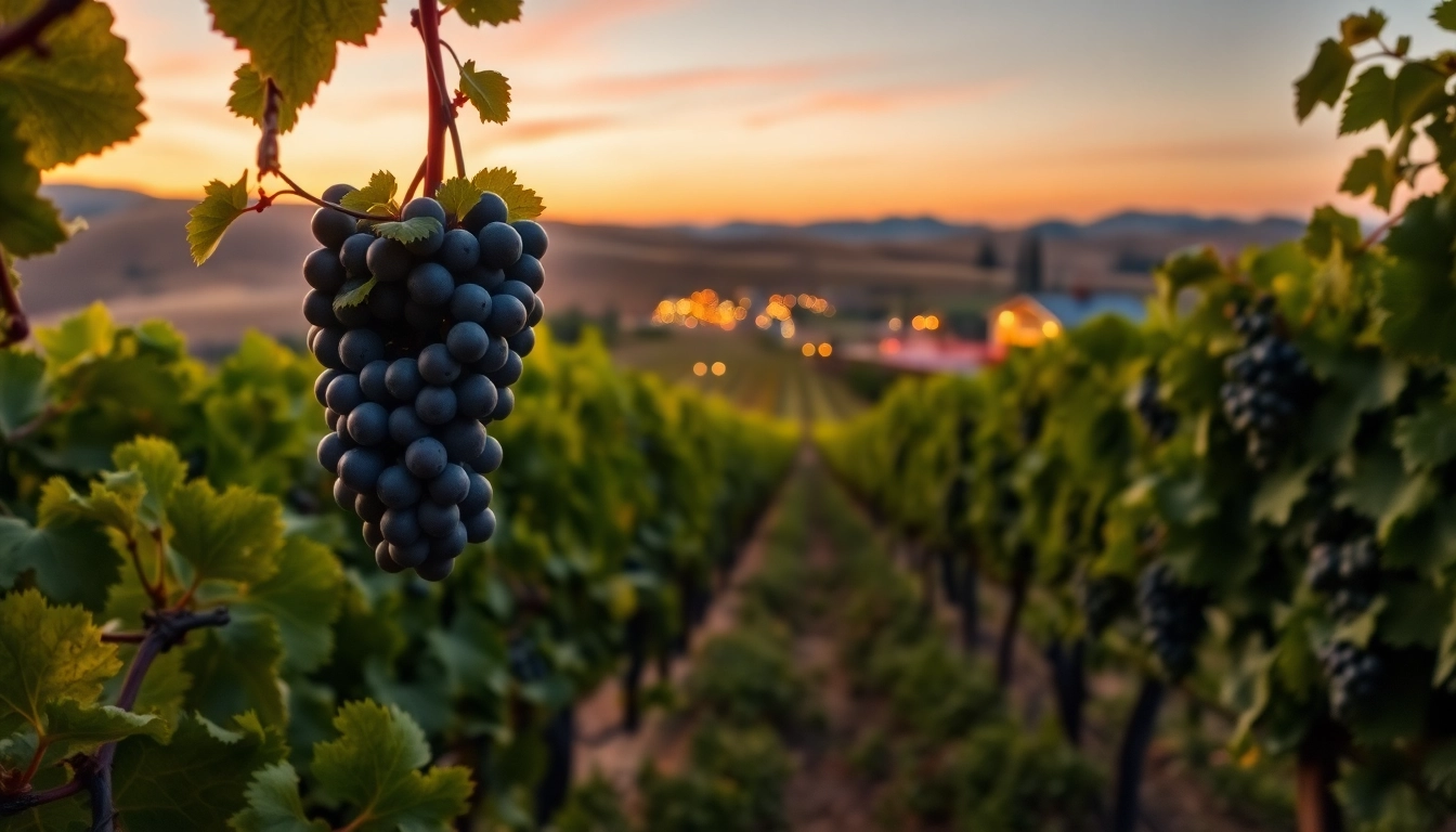 Experience the beauty of clarksburg wineries with lush vineyards and ripe grapes at golden hour.