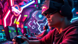 Menggambarkan pengalaman mendalam net77 game dengan karakter bersemangat di lingkungan futuristik.