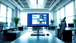 Utilizing a virtual desktop setup in a modern office with multiple screens and ergonomic design.