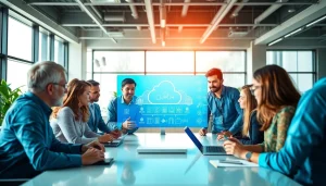 Collaborative team showcasing Cloud infrastructure and DevOps services in a bright modern office.