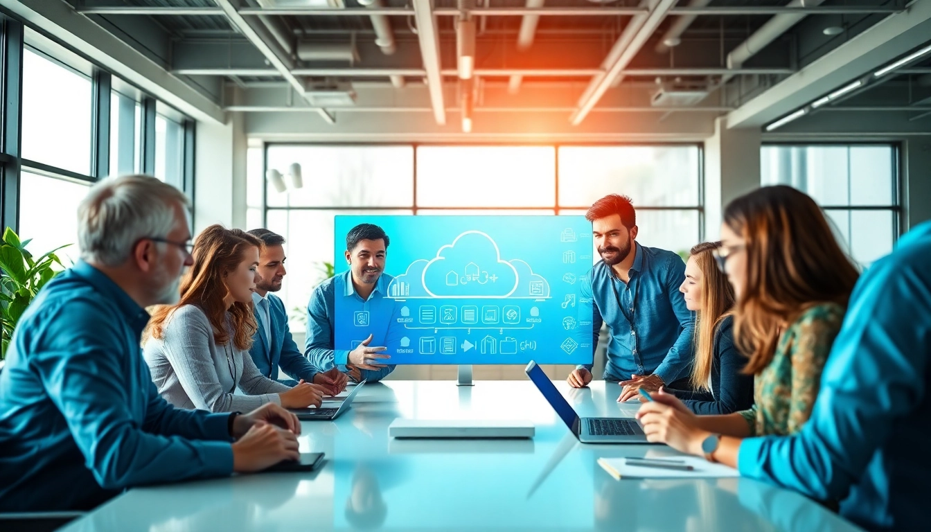 Collaborative team showcasing Cloud infrastructure and DevOps services in a bright modern office.