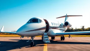 Experience On-Demand Private Jet Rental with a luxurious aircraft on a private runway.