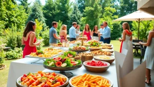 Hamilton Ontario event catering services showcase a beautifully arranged buffet in a lush garden.