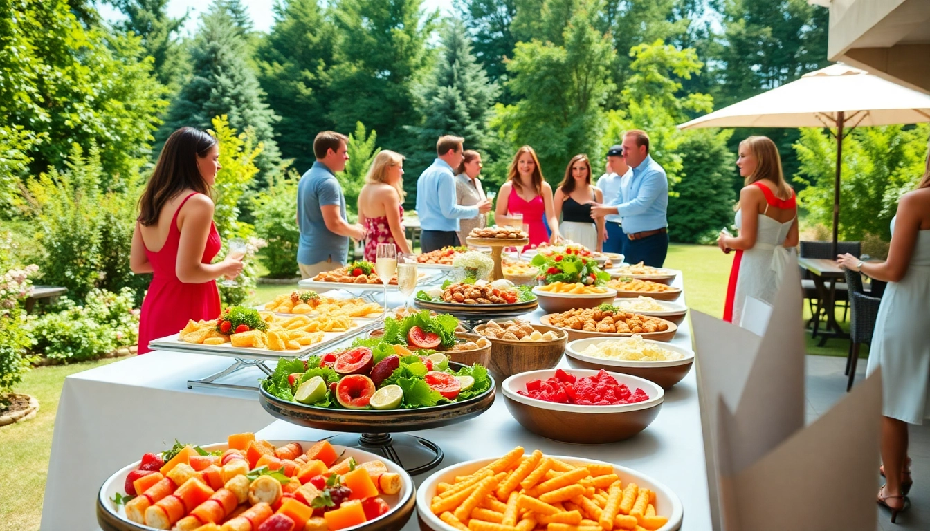 Hamilton Ontario event catering services showcase a beautifully arranged buffet in a lush garden.