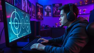 MemeSense legit cheat showcased with a focused gamer at an advanced gaming setup.