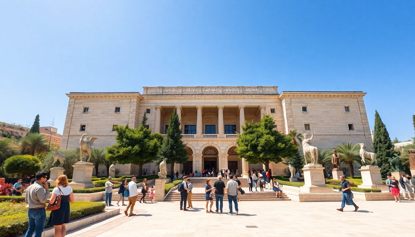 Visitors exploring the artistic facade of the Jerusalem Art Museum with sculptures and gardens.