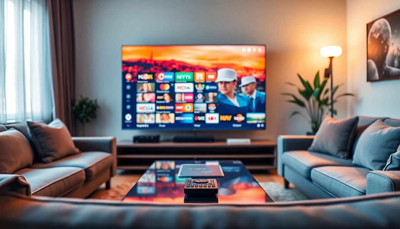 Comprar IPTV en un moderno entorno de entretenimiento con una pantalla de televisión y decoración cómoda.