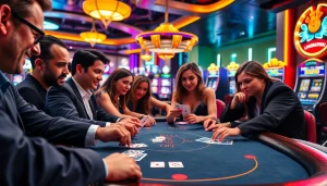 Duel Kasino Arvostelu in an exciting casino card game with vibrant atmosphere and bright lighting.