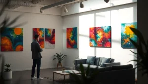 Creëer kleurrijke kunstwerken op canvas in een moderne galerij.