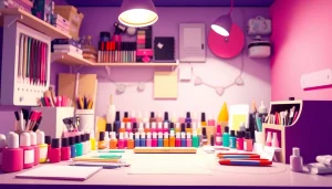 Nail Course setup displaying colorful nail tools and polishes creatively arranged for learning.