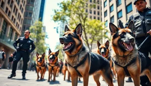 Security Dog Services Gloucester showcasing trained dogs and handlers in an urban environment.