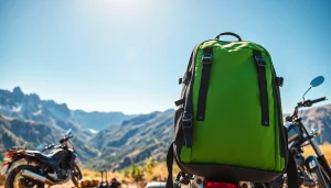 Capture a stylish lightweight motorcycle backpack next to a motorcycle and stunning landscapes.