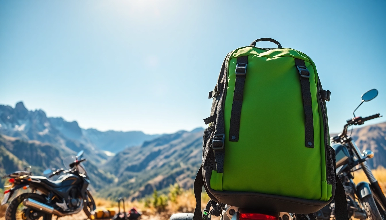 Capture a stylish lightweight motorcycle backpack next to a motorcycle and stunning landscapes.