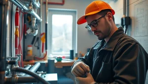 Hire a plumber near me showcasing tools and plumbing work in a bright home setting.