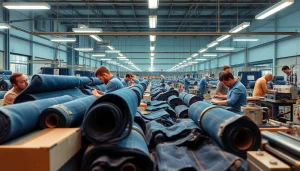 Craft skilled workers in jeans manufacturers facility creating high-quality denim garments.
