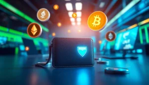 Showcasing a guarda wallet prominently among floating cryptocurrency symbols, representing digital financial security.