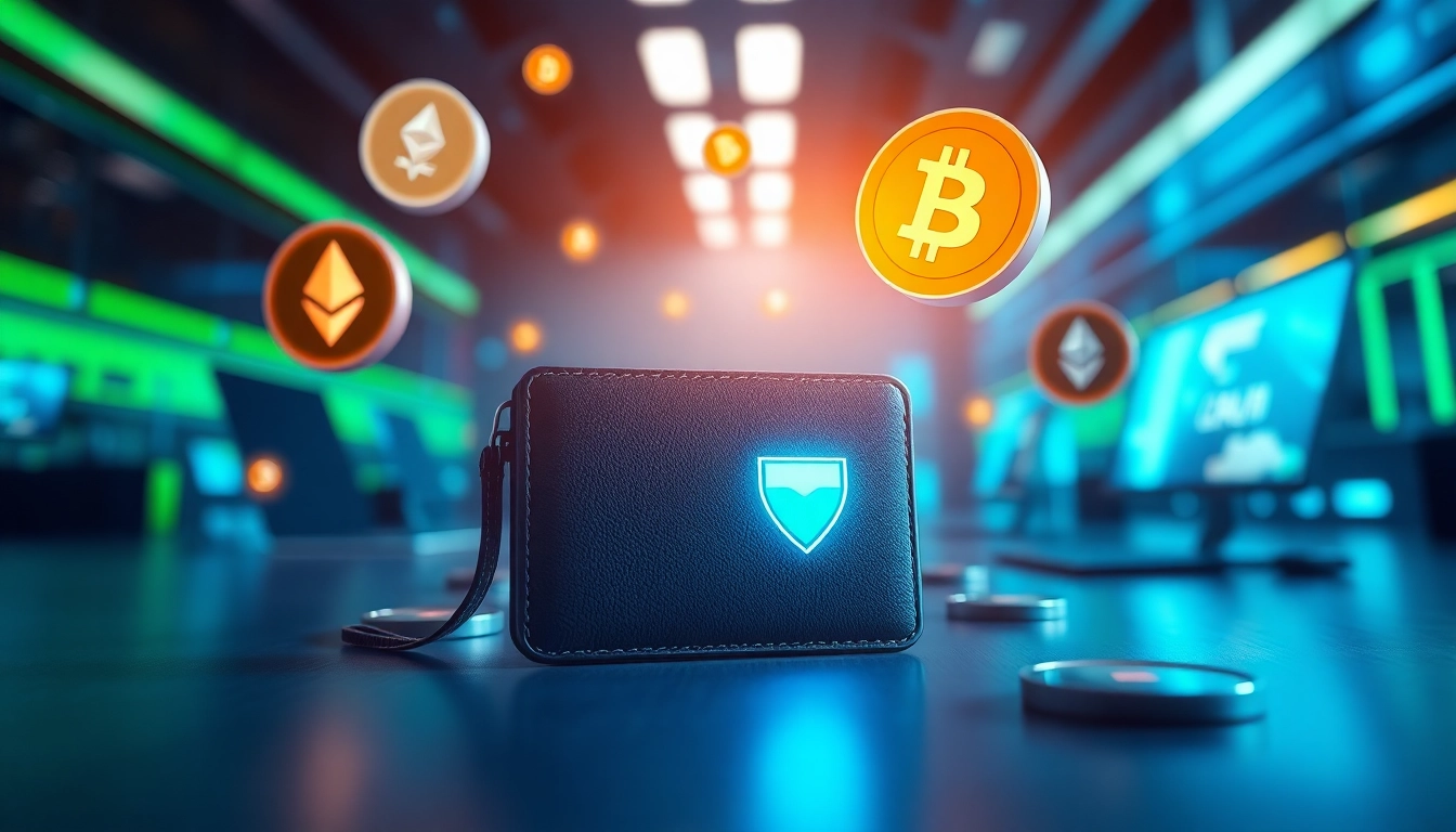 Showcasing a guarda wallet prominently among floating cryptocurrency symbols, representing digital financial security.