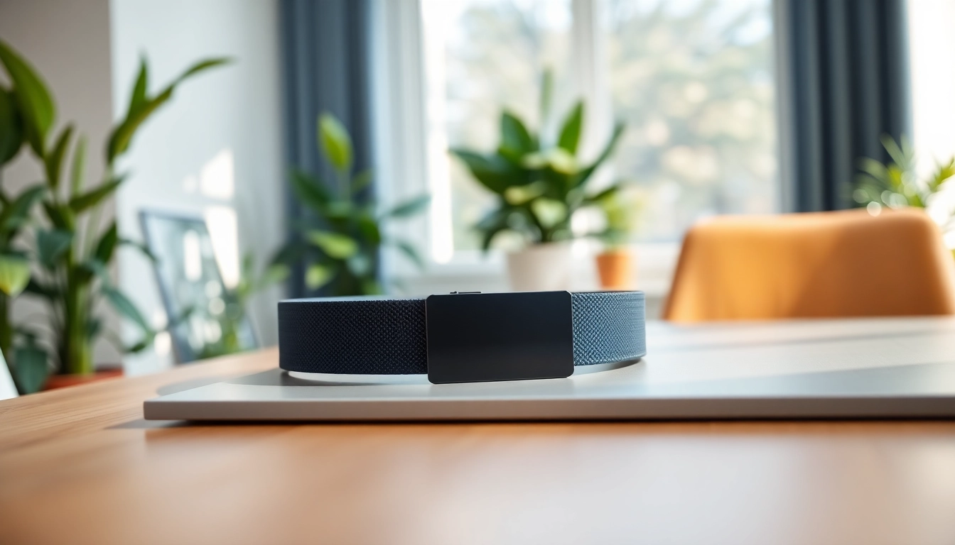 Showcasing the quasar md belt with a sleek design on a wooden table in a tranquil setting.